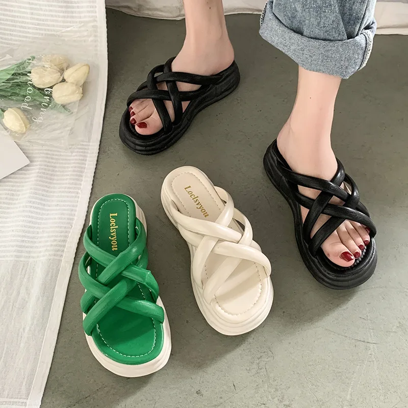 Women's Sandals Summer Pure Color PU Platform Slipper Height Increasing Crisscross Flat With Slides