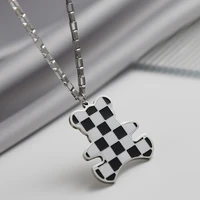 new arrival trendy black white lattice little bear animal design ladies titanium steel pendant necklace jewelry for women gift