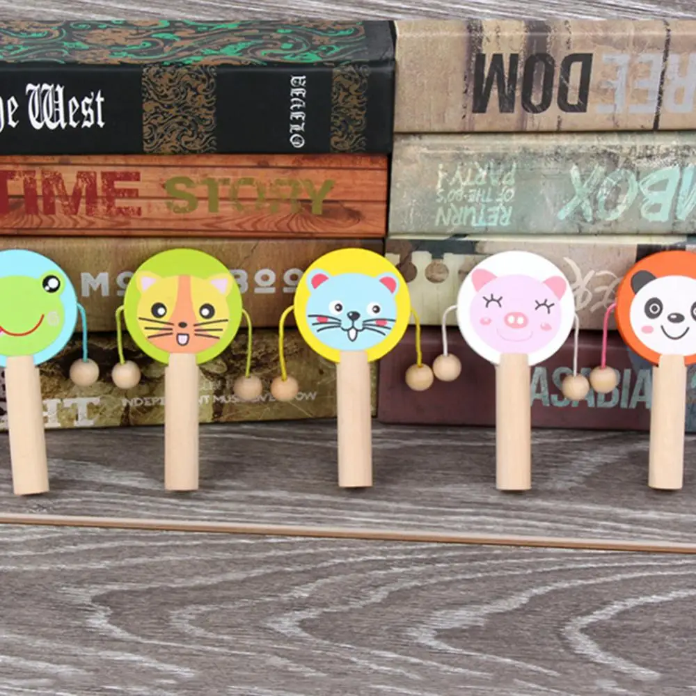 Cartoon Animal Wooden Handheld Musical Rattle Drum Shaker Education Baby Toy