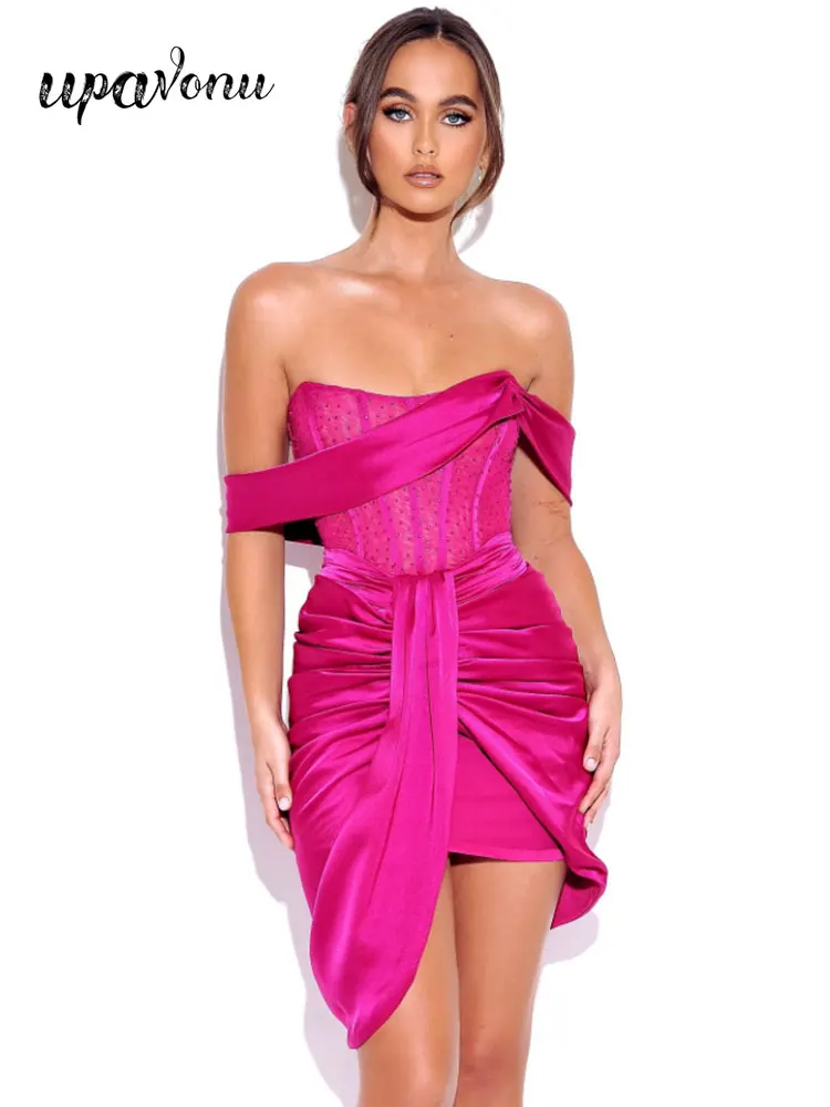 

2022 Summer Applique Satin Dress Women's Sexy Card Shoulder Bodycon Draped Asymmetric Mini Dress Celebrity Evening Party Vestido