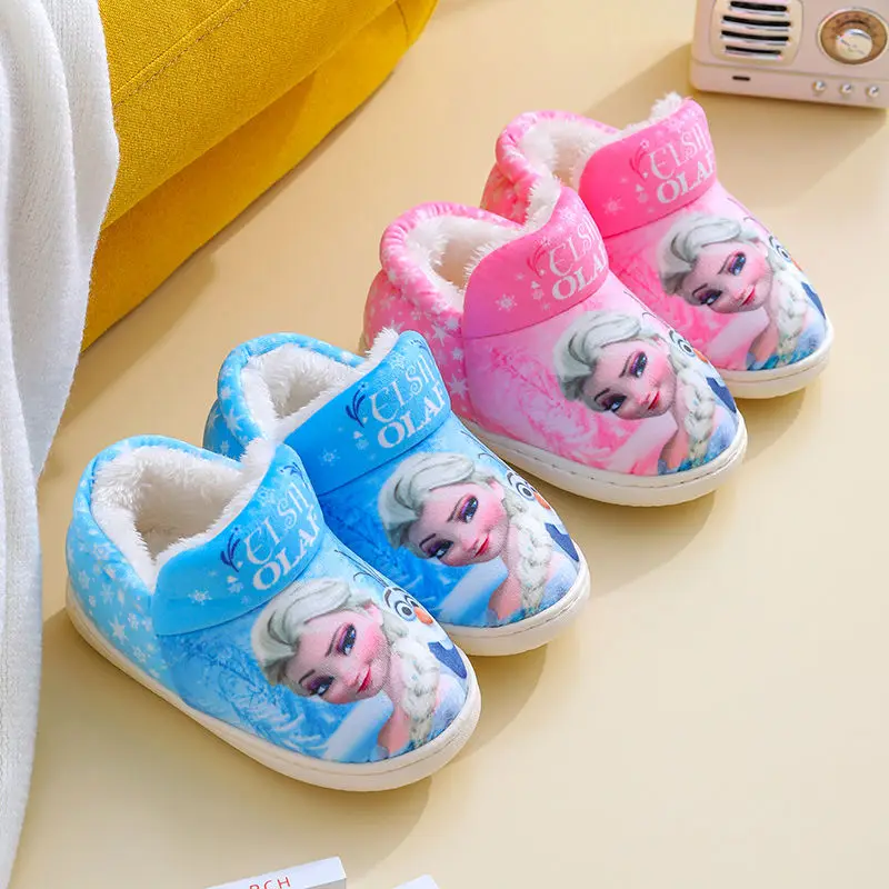 Disney Children's Cotton Slippers Princess Elsa Baby Boys Girls Children Winter Indoor Warm Fur Bag Heel Cotton Shoes Size 18-24