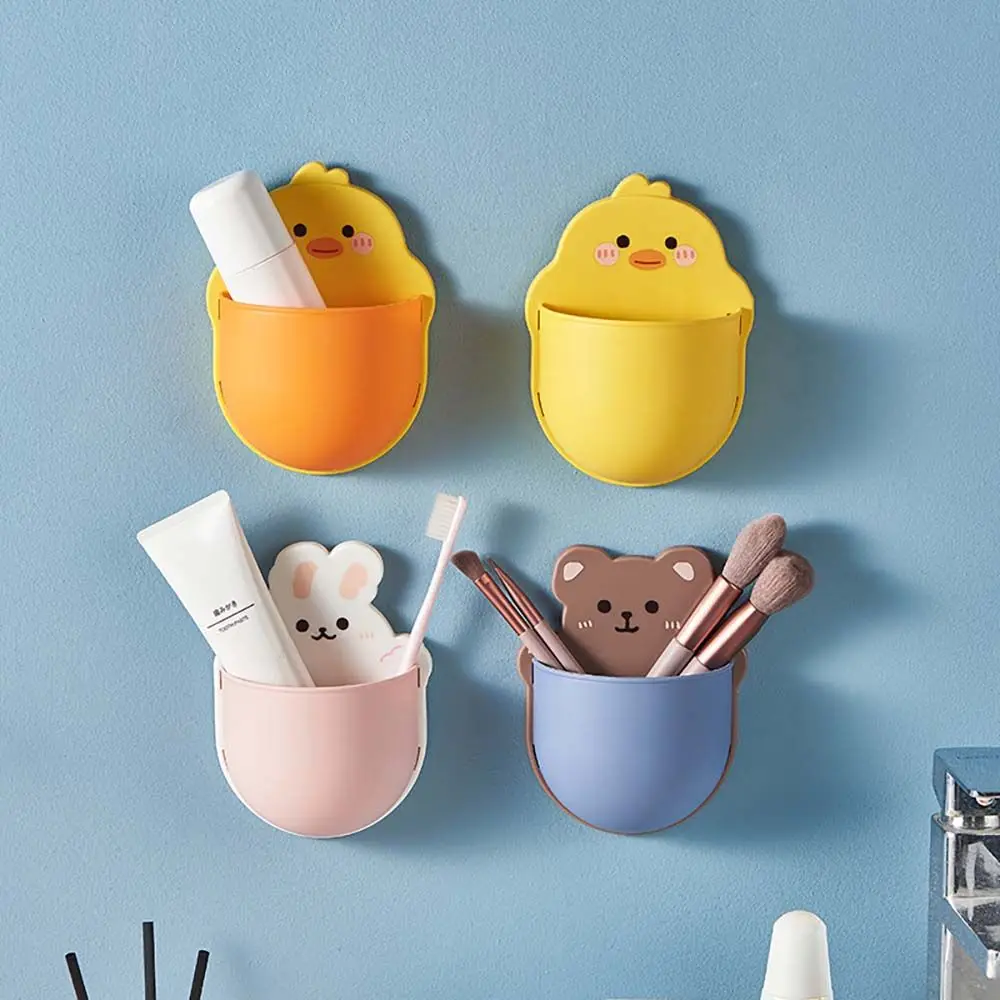 

New Cute Cartoon Animals Bathroom Racks No Punching Wall-Mounted Storage Boxes Toothbrush Storage Organizers Durable Plastic
