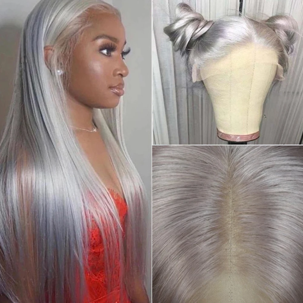 Long Soft Transparent 13x4Lace Front Wig For Black Women Grey Ash Blonde Straight Mixed Human Hair Wig Pre Plucked With BabyHair