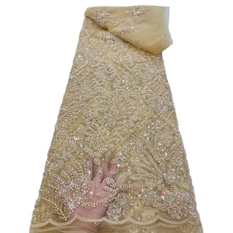 

Luxury Handmade Beads Lace Fabric African Lace High Quality Embroidery Nigerian Lace 5 yards For Bridal Dress