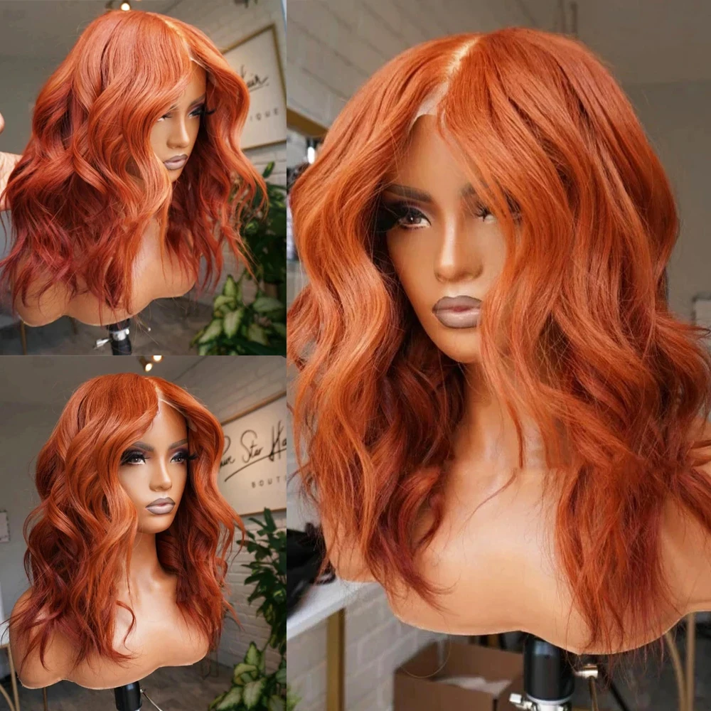 

RONGDUOYI Short Wavy Orange Ginger Bob Synthetic Lace Front Wig Middle Part Body Wave Wigs for Black Women Use Blonde Black Hair