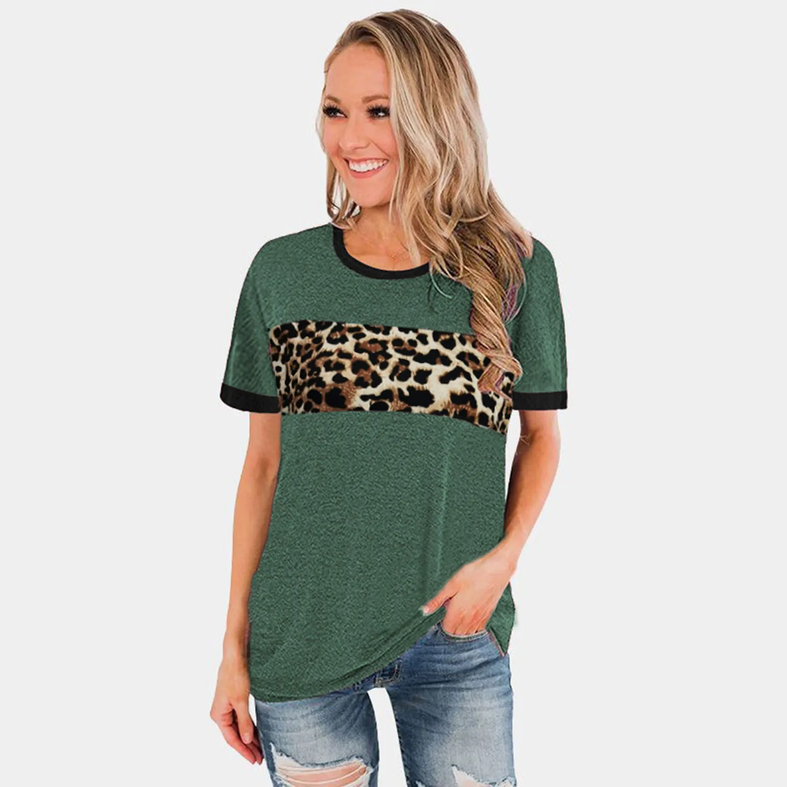 

Женский модный топ с коротким рукавом и круглым вырезом с леопардовым принтом, женские комплекты одежды для тренировок, 5 футболок для женщи...