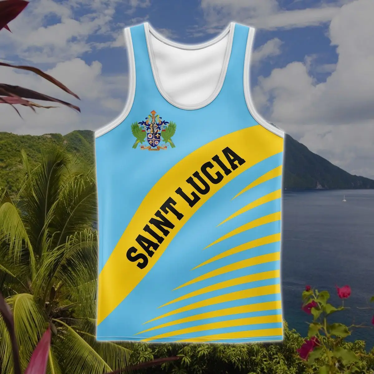 

Summer Sports Saint Lucia Flag & Coat of Arms Singlets for Men Loose Sleeveless Gym Tank Tops Boy Fashion Basketball Clothes