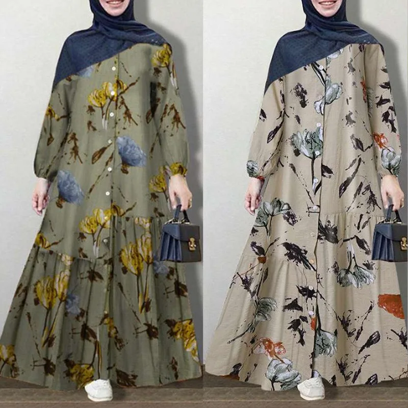 Muslim Abayat Cotton and Linen Long Sleeve Abaya Femme Fashion Loose Casual Floral Long Dress Europe, America, Middle East, Arab