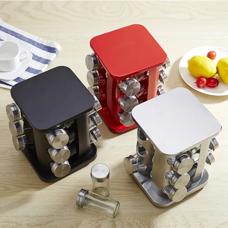 

12Pcs Kitchen Supplies Stainless Steel Jars for Spices Salt Pepper Spice Rack Glass Seasoning Bottle Set with Turnable Holder