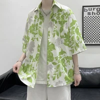 summer bluegreen flower shirt men fashion print casual shirt men korean loose short sleeve shirt mens hawaiian shirt m xl