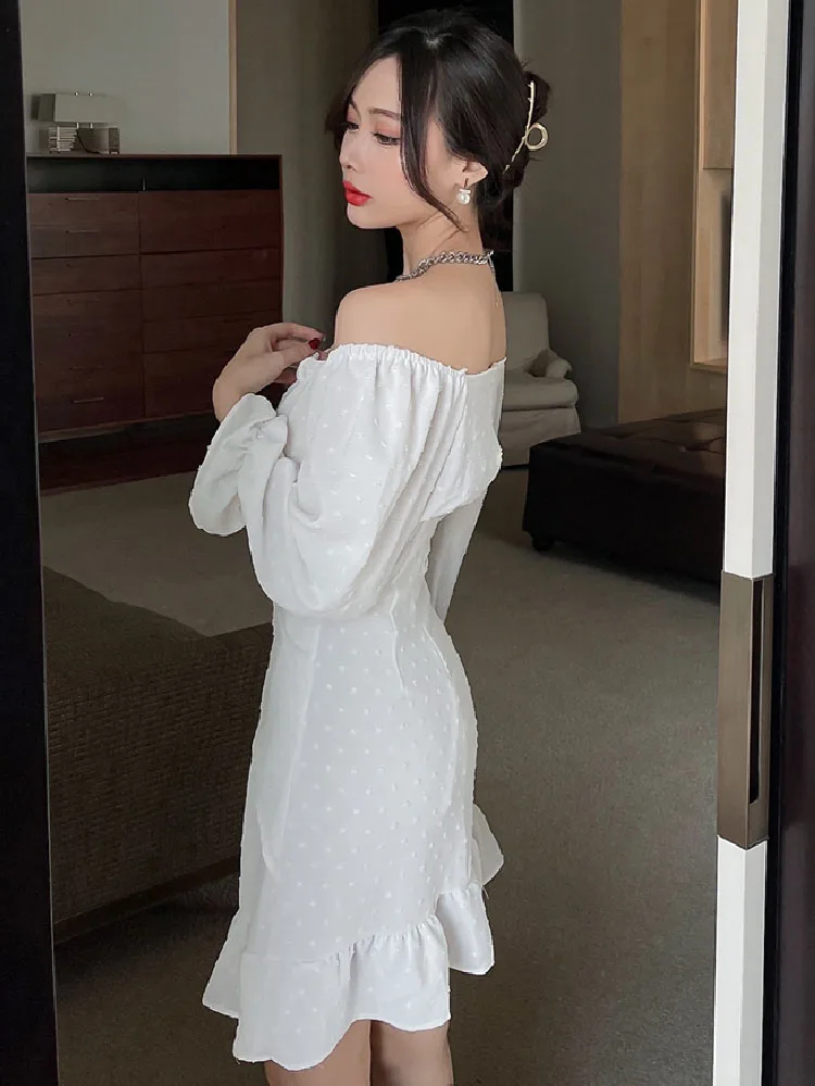 French Off The Shoulder White Elegant Dress 2020 Autumn Women Bandage Retro Party Mini Dress Lady Designer Dress Women Clothing