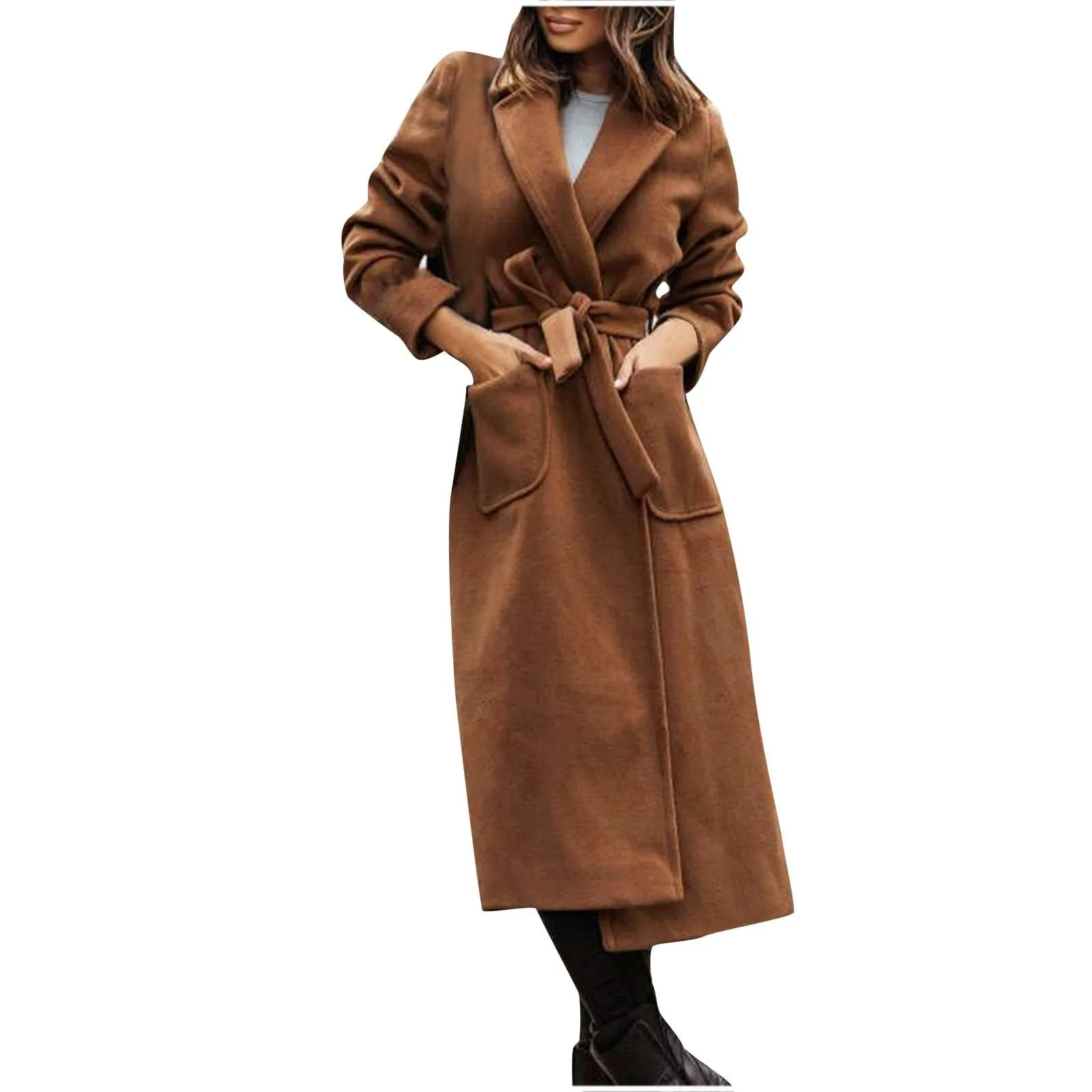 

Woolen Coats With Belt Autumn Winter Warm Long Women Coat Casual Elegant Solid Color Female Windbreakers 2023 Overcoat