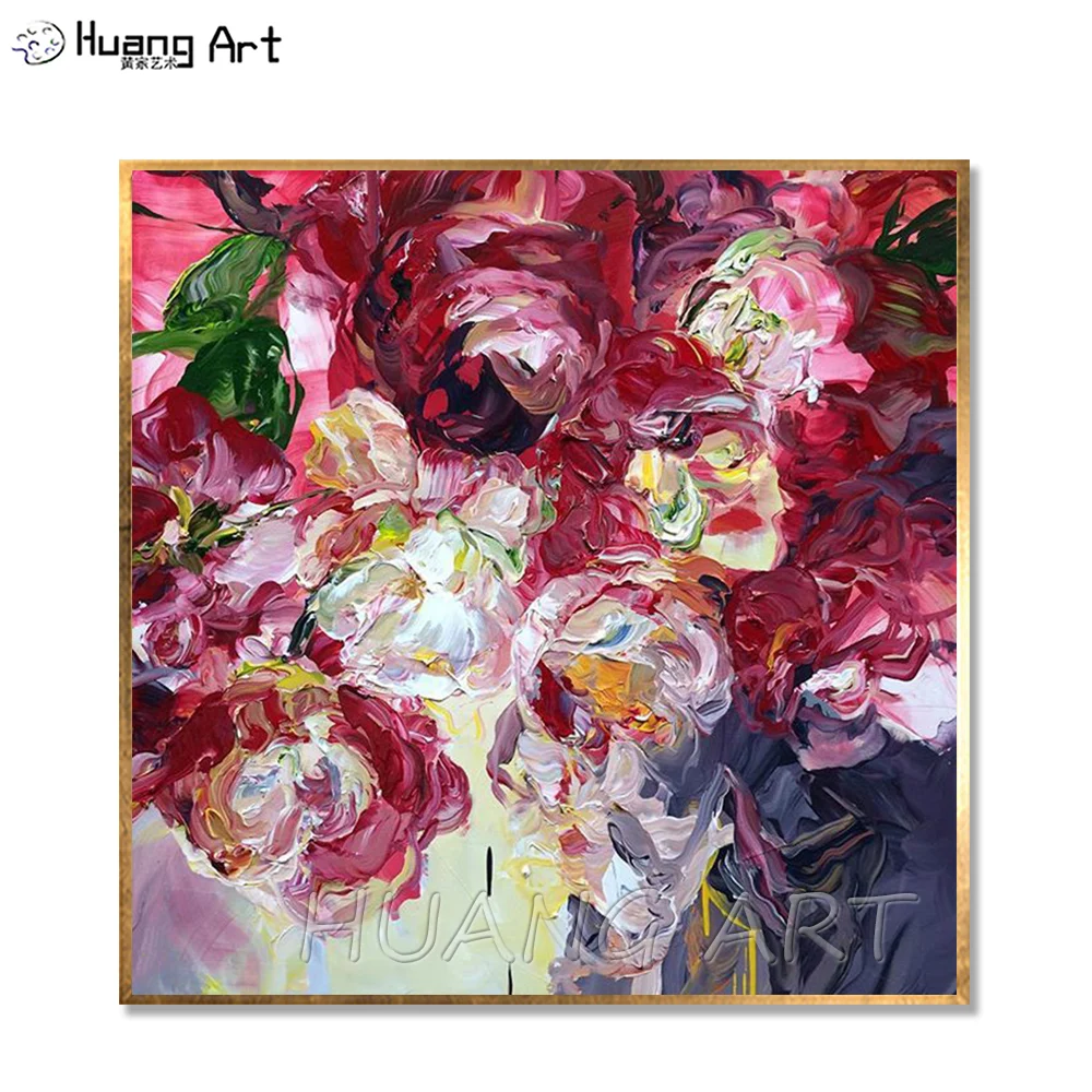

New Hand-painted Red Flower Knife Oil Painting Large Wall Art Flower Picture Design Paintings Artwork for Living Room Decoration