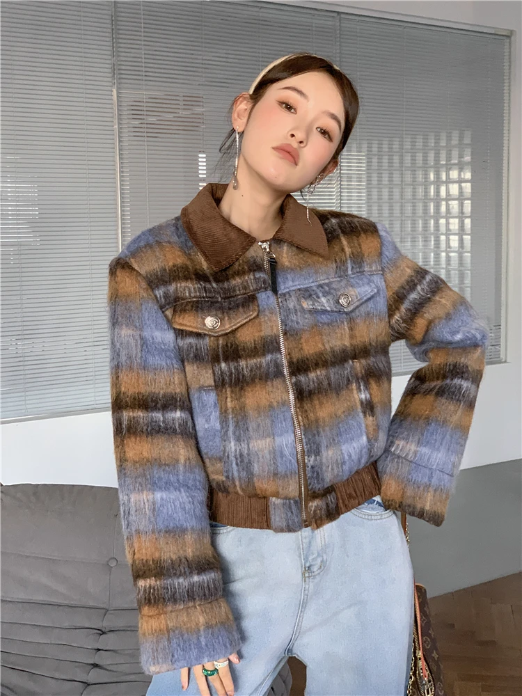 ZCSMLL Brown Wool Blends Plaid Cropped Jacket Winter Clothes Women Fashion Coat Desinger Zip Up Tweed Jacket Outerwear Clothes