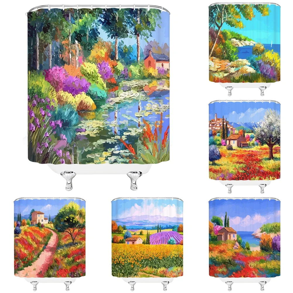 

Watercolor Rural Country Scenery Shower Curtain For Bathroom Garden Tree Forest Flowers Bath Bathtubs Hanging Curtains Decor Set
