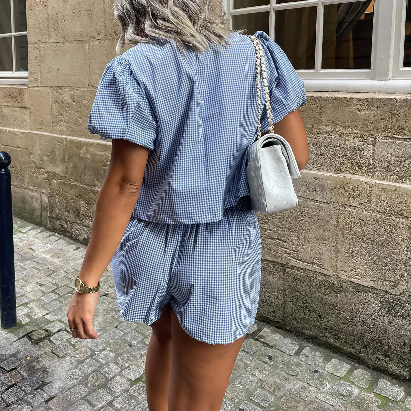 Женский наряд в клетку Свободный V-образный вырез с пышными рукавами Топ завязкой