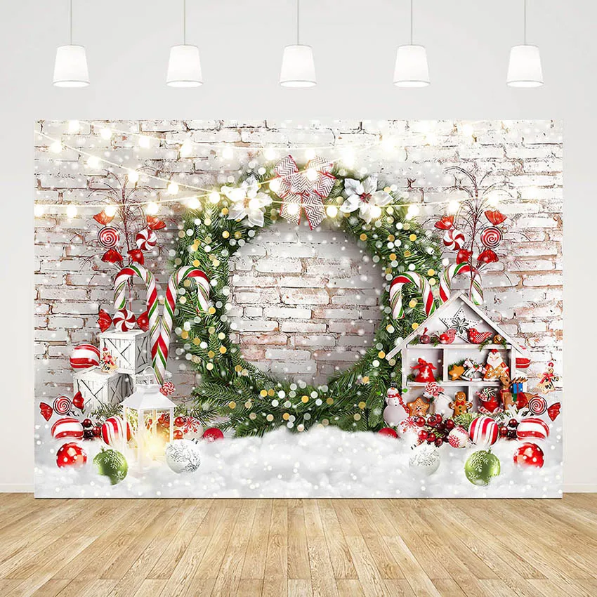 

2023 Mehofond Christmas Candy Canes Wreath Backdrop White Brick Wall Photography Background Xmas Decorations for Kids Birthday