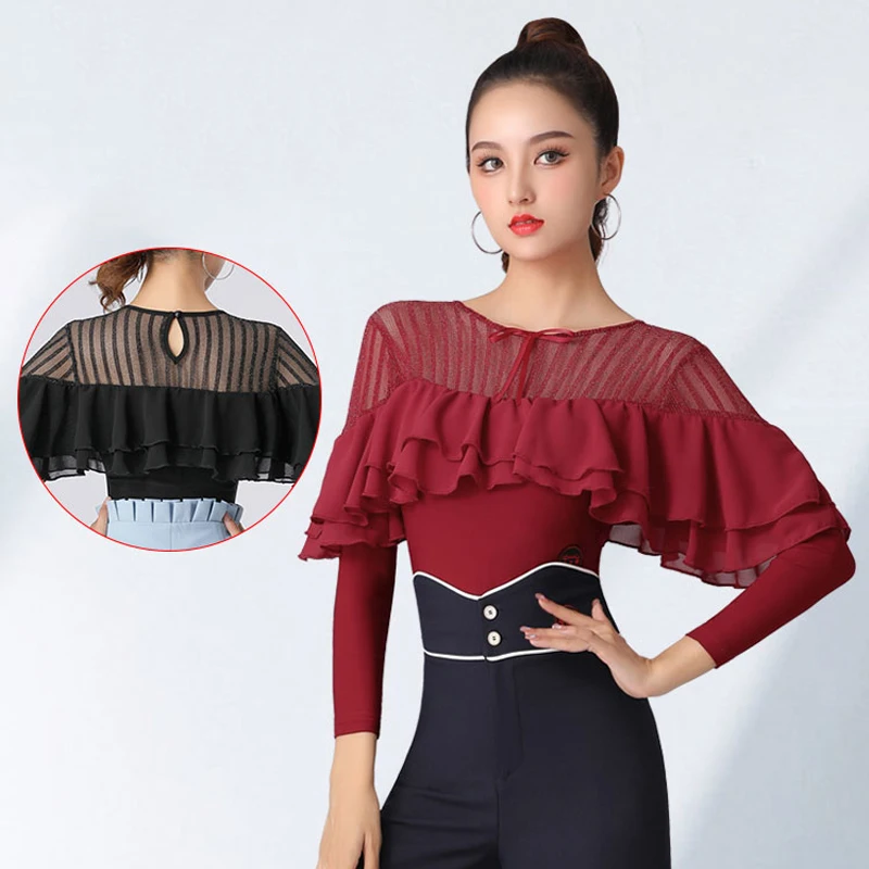 

3 Colors Ruffles Sleeves Latin Dance Tops Mesh Modern Dancing Top Practice Tops Adults Ballroom Latin Dance Bodysuit SL7765