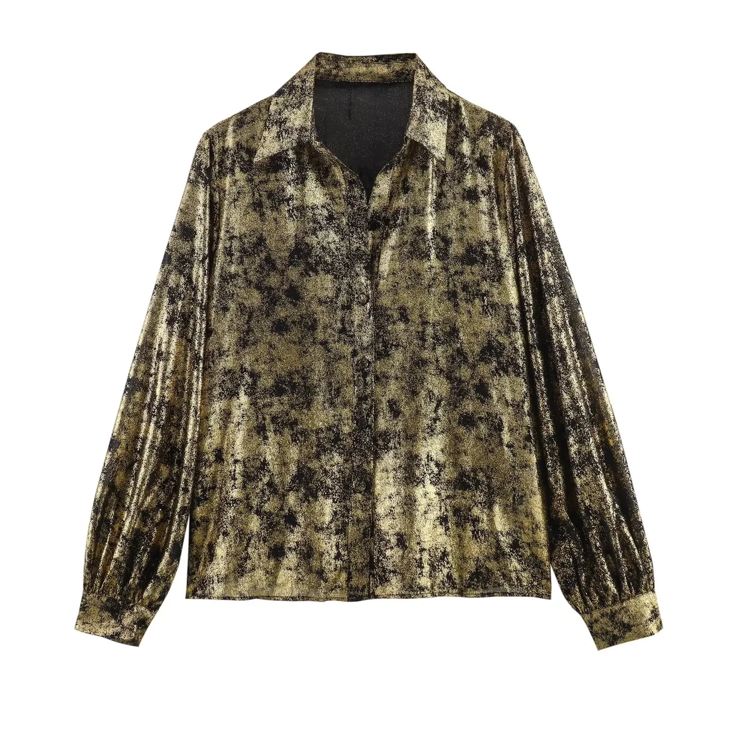 

TRAF 2024 Gold Foil Shirt For Women Long Sleeve Lapel Slim Shirts Tops Woman Chic Metallic Front Buttons Blouses Mujer