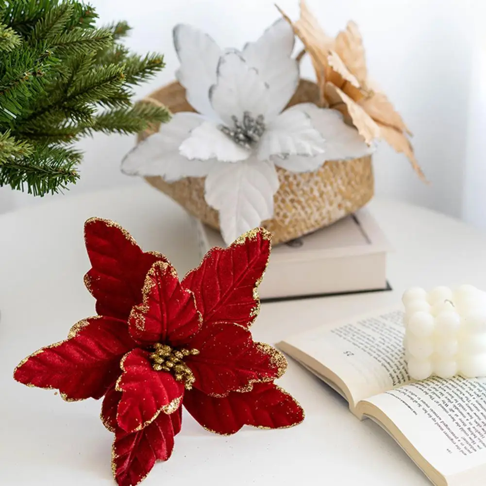 

Рождественский цветок, высокая имитация, декоративная Реалистичная Рождественская елка, блестящий искусственный пуансеттийный цветок для вечерние