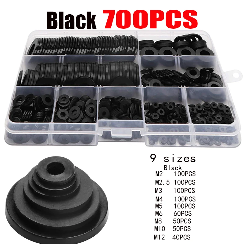 

700 шт. M2 M2.5 M3 M4 M5 M6 M8 M10 M12Black, нейлоновые плоские шайбы, нейлоновая прокладка, Круглые прокладки, ассортимент механических уплотнений