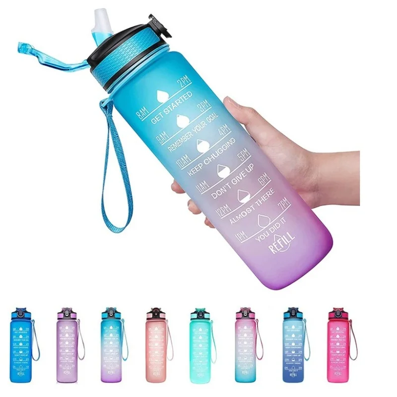 

1L Large Capacity Free Motivational With Time Marker Fitness Jugs Gradient Color Plastic Cups Outdoor Frosted Water Bottle