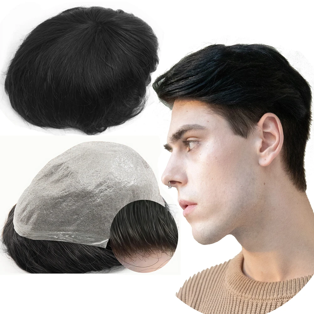 Human Hair 0.04mm PU Skin Toupee for Men NLW European Human Hair Pieces with 10x8