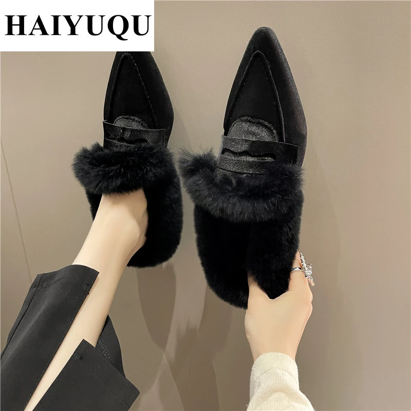 Элегантные меховые шлепанцы на низком каблуке женские замшевые мюли с острым