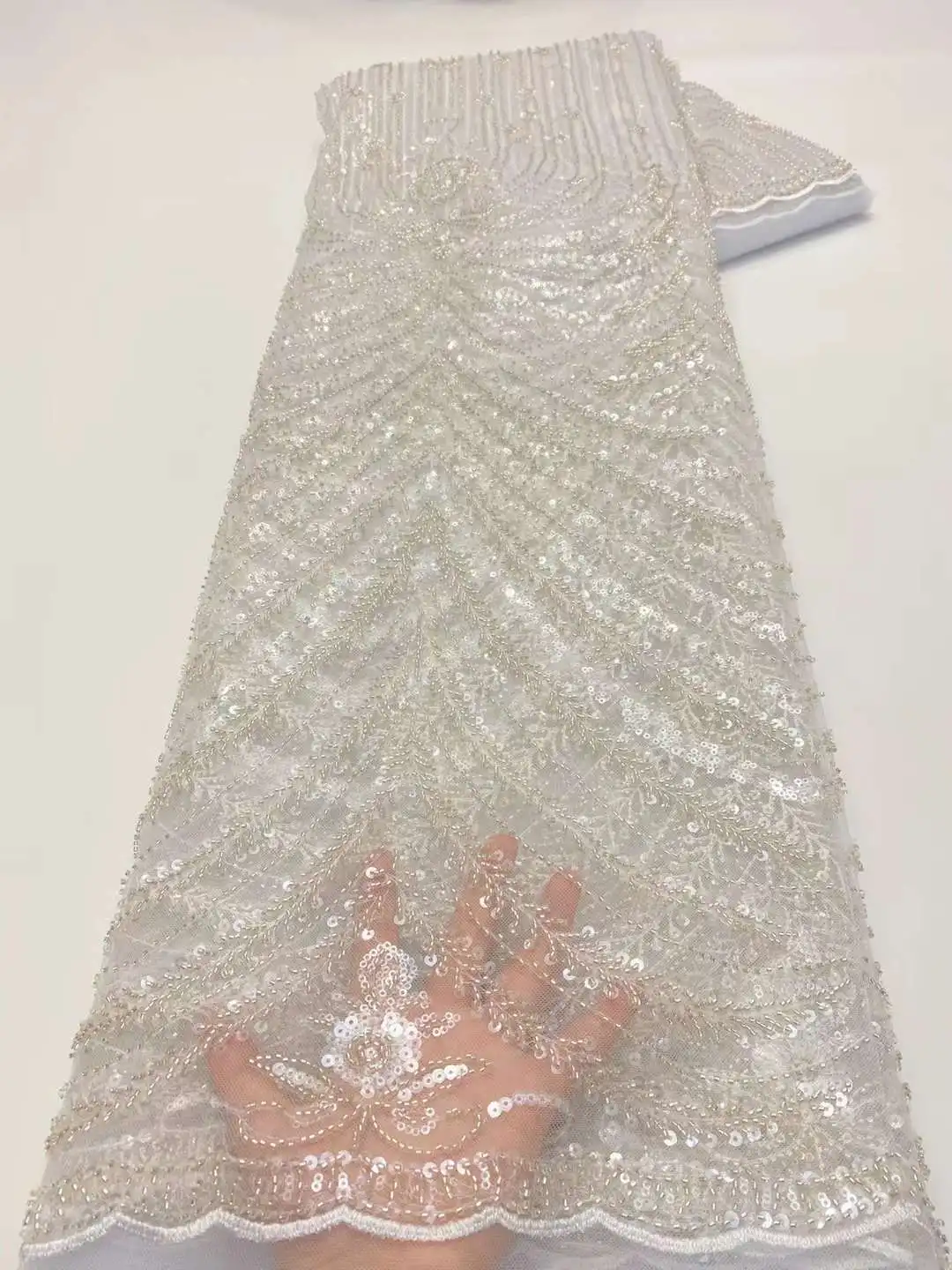 

2022 Luxury White Mesh Lace African Sequence Lace Fabric Heavy Embroidery Sequins For Party Bridal wedding French Bead Lace sew