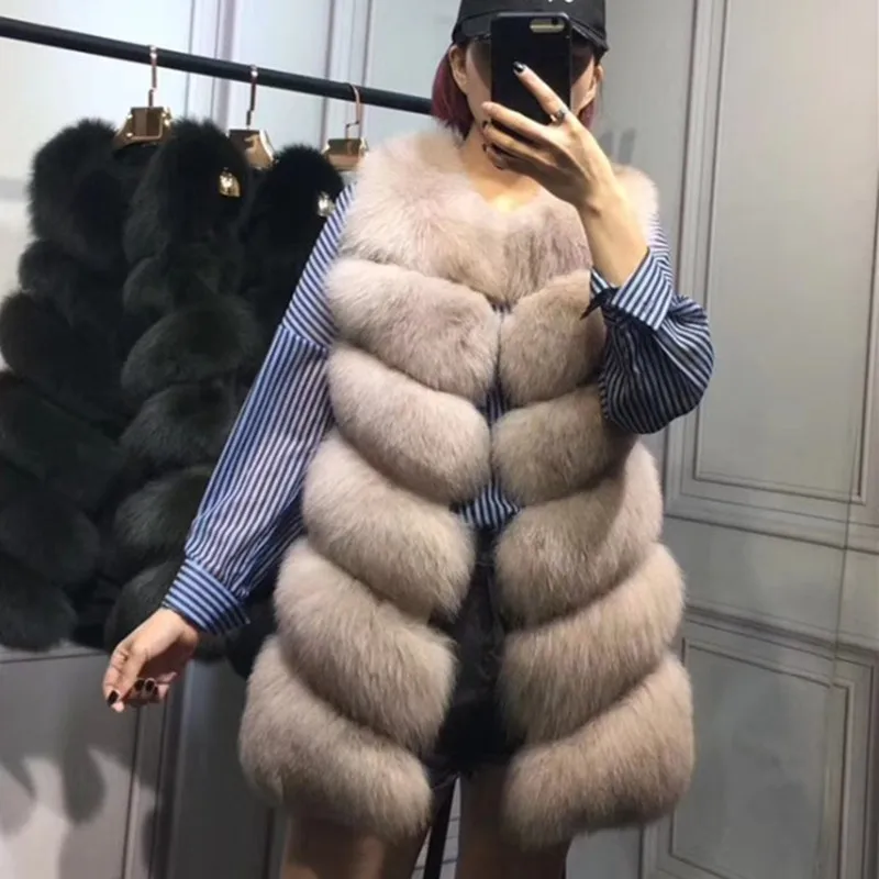70CM Natural Real Fox Fur Vest Waistcoat Women Genuine Fox Fur Coat Gilet Long Jacket