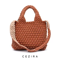 CEZIRA Luxury Brand Design Woven Vegan Leather Shoulder Bags Women Fashion Bicolor PU&Nylon Top-handle Tote Purse Bucket Handbag