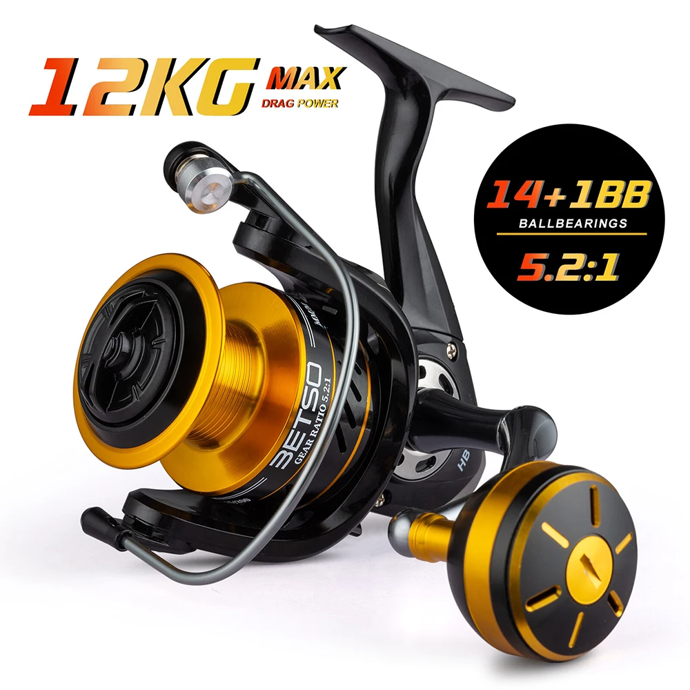 

Spinning Reel 12KG Max Drag 2000-7000 Piwer Handle Metal 14+1BB Fishing Reel 5.2:1 Ratio Spin Reel Saltwater Fishing Reel