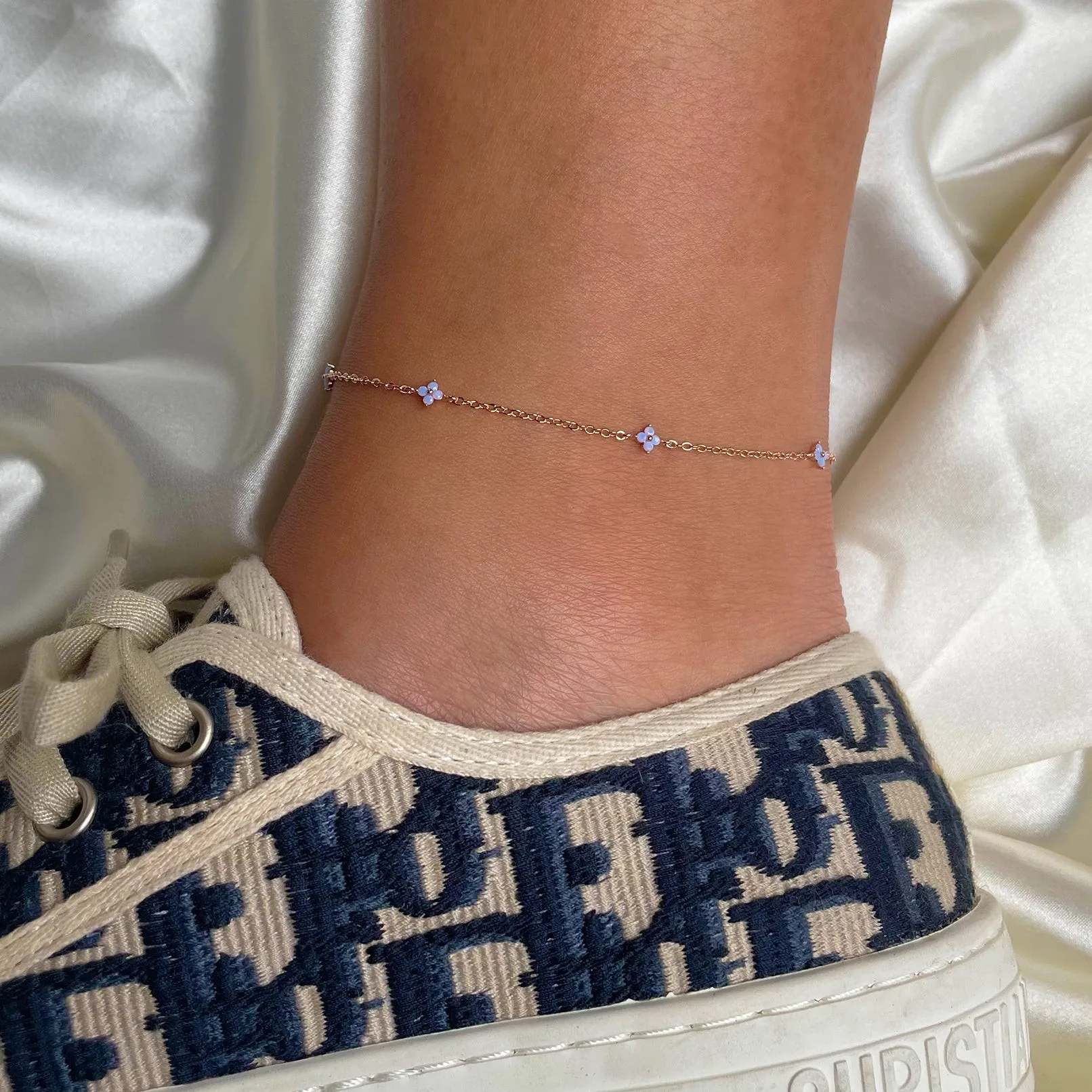 New INS Creative Blue Flower Anklet Cute Copper Gold Plated Zircon Ankle Chain For Women Girls Fashion Jewelry Gift
