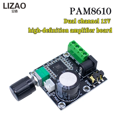 LIZAO Super Slim 2 x 15W PAM8610 Class D Digital Dual Power Audio Amplifier Board 12V black