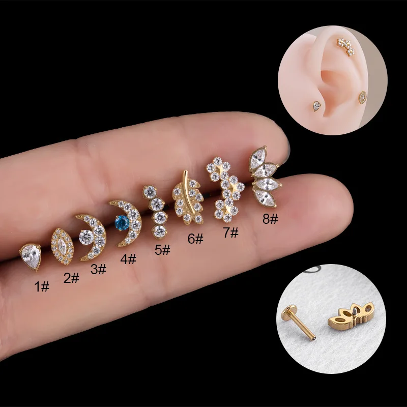 

Piercing Labret Studs CZ Moon Flower G23 Titanium Lip Stud Earring Internal Thread Helix Conch Cartilage Tragus Body Jewelry 16G