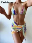 Женский купальник-бикини, комплект для плавания из трех предметов, стразы, пикантный купальный костюм с саронгом, V2538