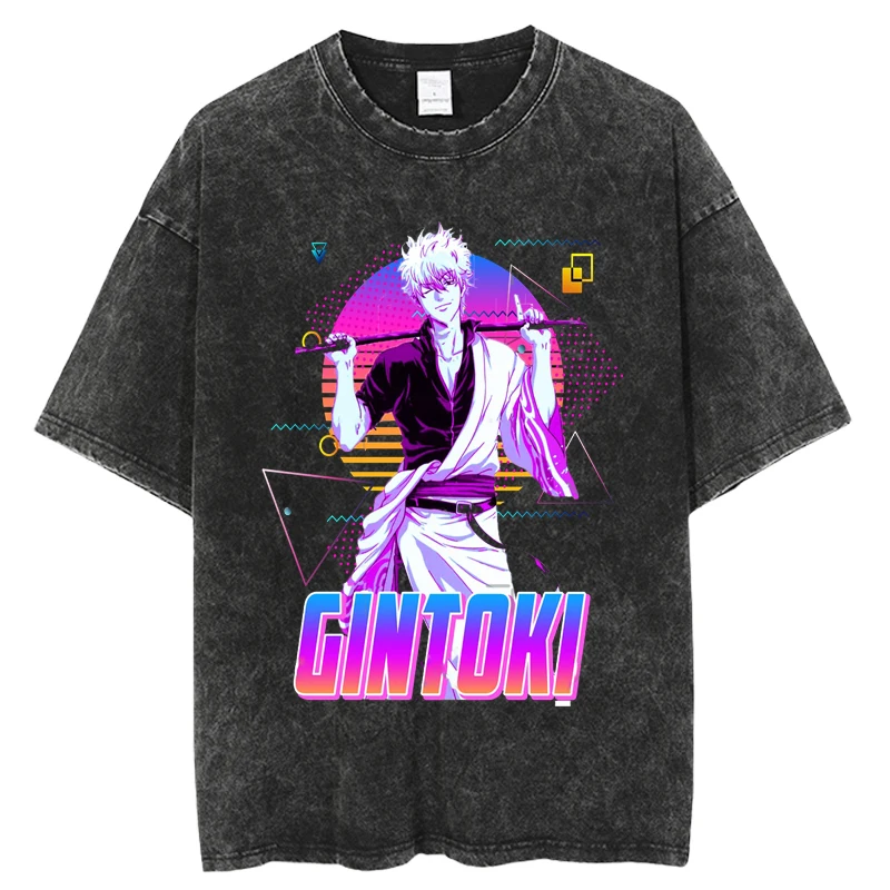 

Футболка мужская оверсайз в стиле аниме Gintama, повседневная винтажная промытая рубашка в стиле хип-хоп, топ с коротким рукавом в стиле унисекс, на лето
