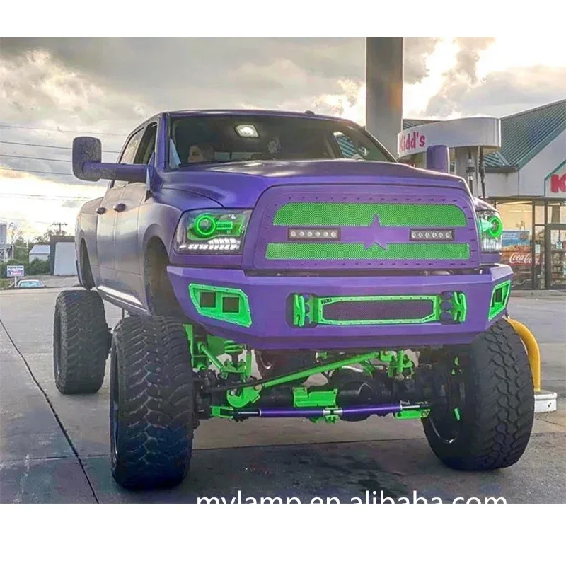 Фото Передние фары для Dodge Ram 2009-2019, кастомные светодиодные RGB-фары, Bi-LED проектор, дизайн «Злые глаза» №2