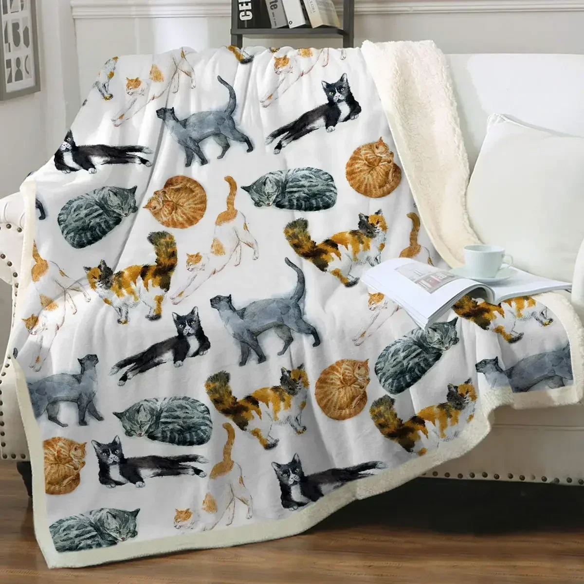 Grey and White Cats Blanket Plush Sherpa Flannel Throw Blankets for Couch Sofa Super Soft Bedroom TV Full
