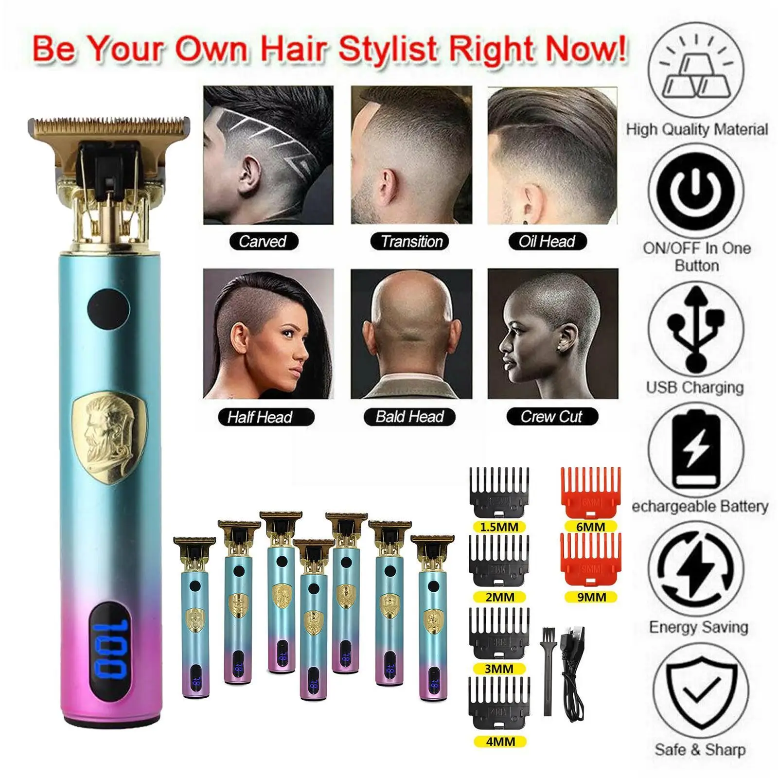

T9 Electric Hair Men Beard Barber Trimmer Epilator Hair Cordless Shaver Hair Machine Cutting Professional Care Removal A2R5