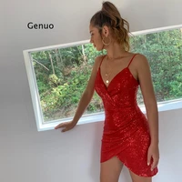 sexy solid color v neck sling sequins dress women summer irregular shining backless party mini dress 2022 new arrival
