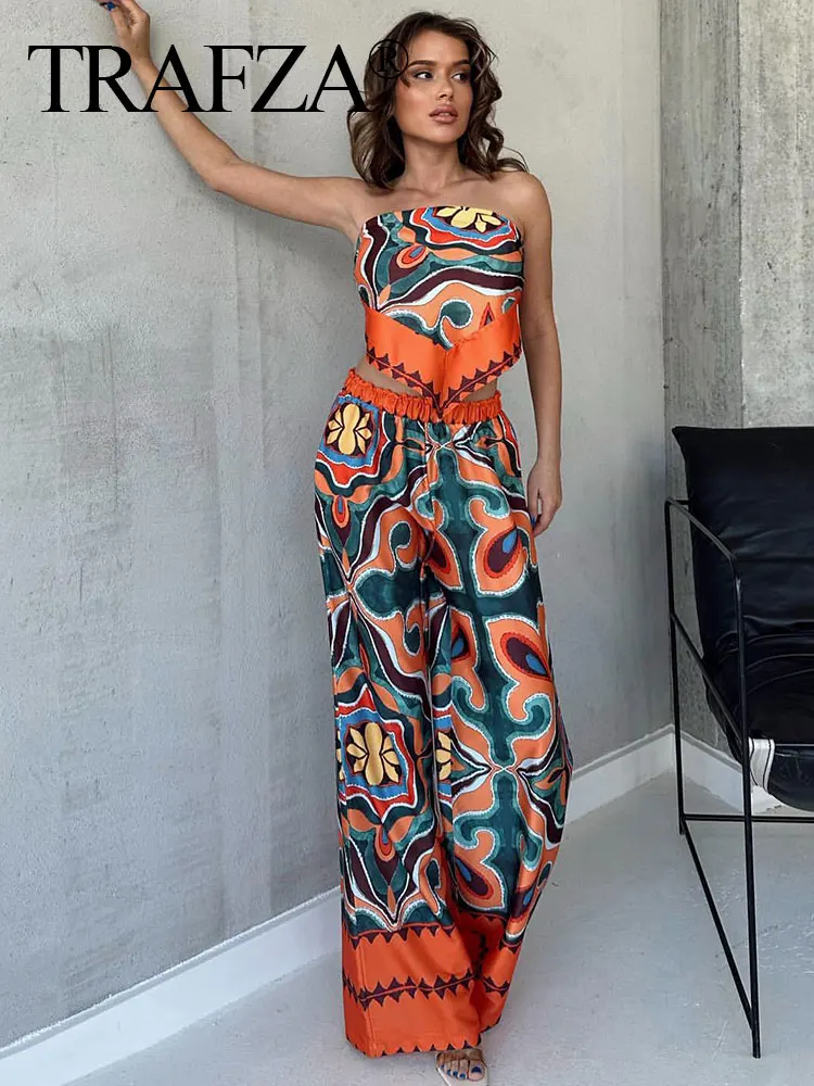 TRAFZA 2023 Women Fashion Print Blouse Pants Sets Summer Causal Headband Style Sling Top Drawstring Straight Long Pant Suit