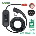 Модель 2, тип 2, зарядное устройство для электромобилей, 11 кВт, черное портативное автомобильное зарядное устройство 16 А, 3-фазный кабель IEC 62196, 5 м, с красной вилкой Cee