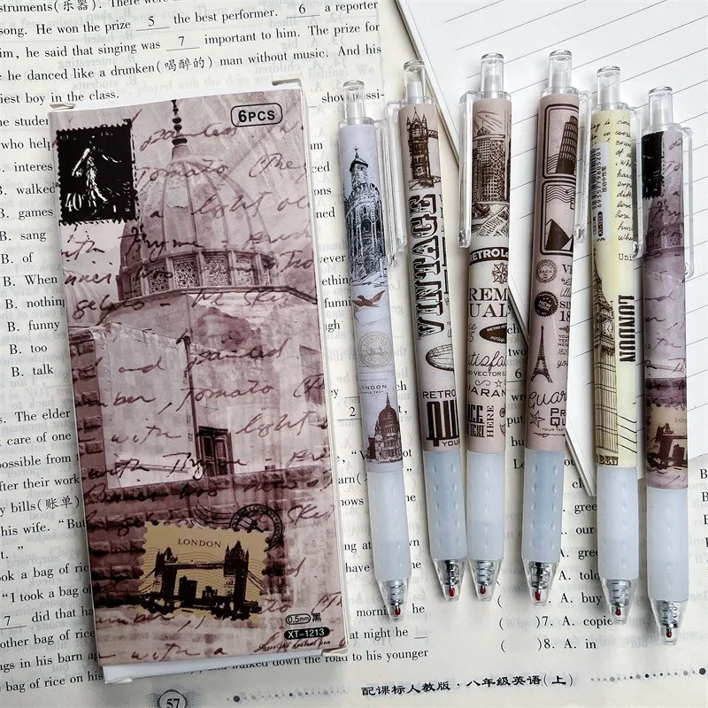 

6pcs Cute Pens Retro British ST Nib Quick-Drying Black Ink School Supplies Office Aesthetic Stationery Back To School Kawaii Pen