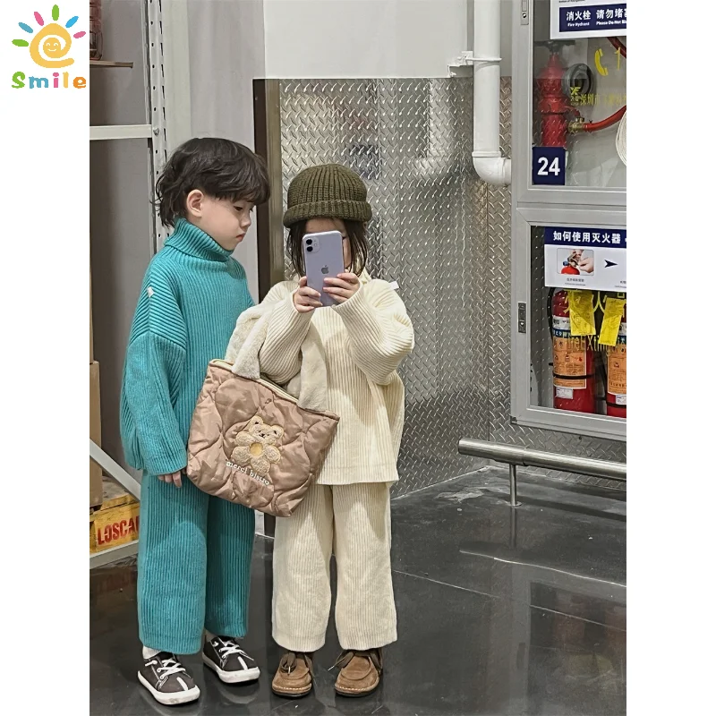 

Autumn Winter Children Warm Thick Knitted Outfits Kids High Collar Sweater and Loose Trousers 2pcs Sets Toddler Knitted Pullover