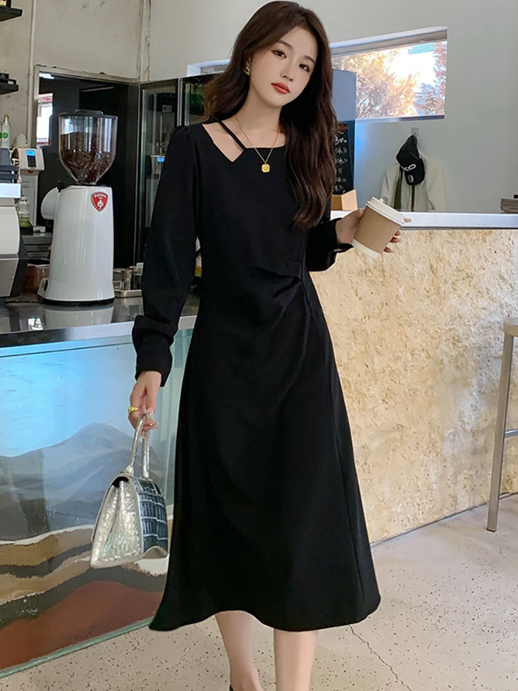 

Женское винтажное платье-миди с асимметричным воротником, черное элегантное облегающее платье-макси для выпускного вечера, весна-осень 2022