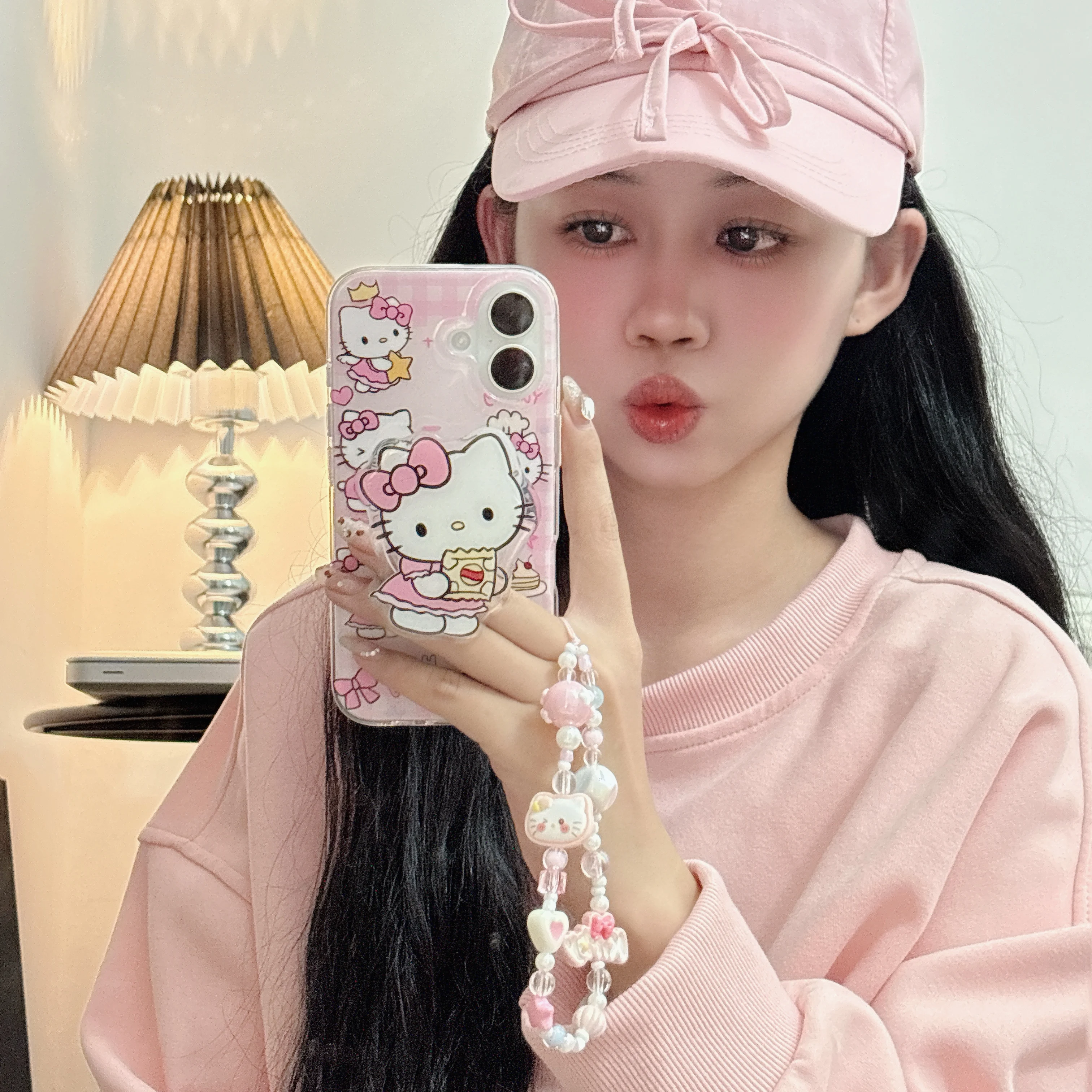 Милый розовый чехол-подставка Hello Kitty с 3D мультяшным держателем для iPhone 16 14 13 15 Pro Max