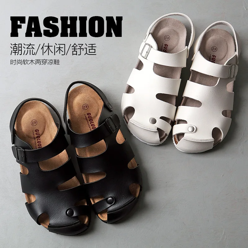 Summer Women Cork Sandals Casual Beach Buckle Strap Slides Shoes Outside PU Leather Slip On Hollow out Male Couple Shoe BIG SIZE