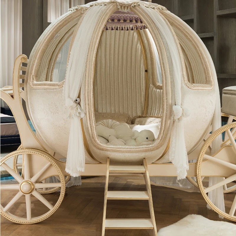 

Pumpkin car design children carriage bed luxury children furniture with kids small stairs