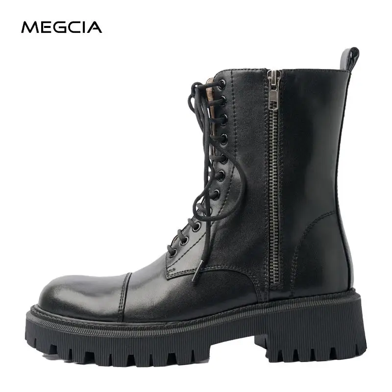 

MEGCIA Tractor Combat Boot Women Genuine Leather Martin Boots Autumn Chunky Boots Extra Round Toe Winter Shoes Zip Black Brand